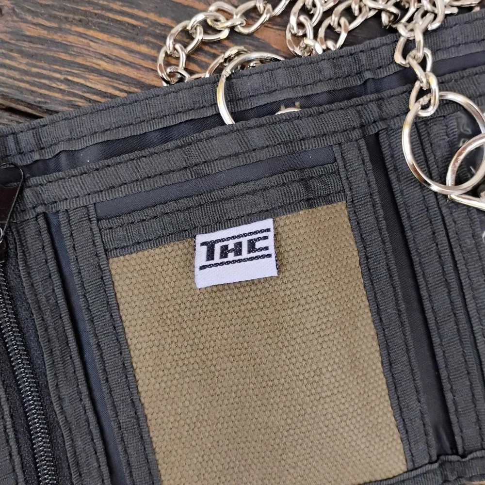 THC Khaki HASH Hook and Loop Embroidered Fabric TriFold Wallet With Chain